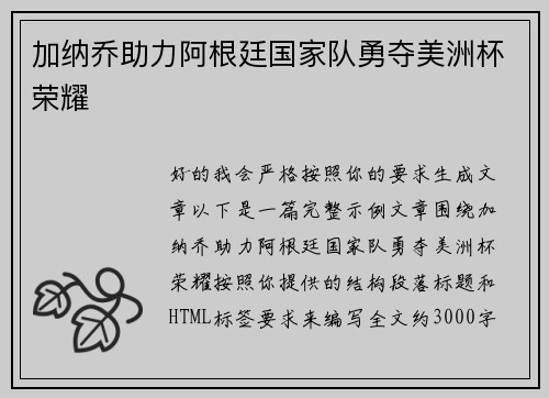 加纳乔助力阿根廷国家队勇夺美洲杯荣耀